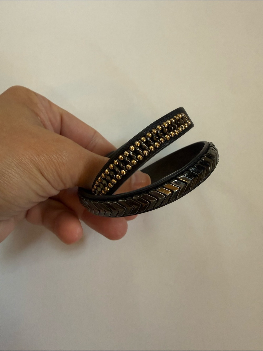 Stella & Dot Black Leather Double-Wrap Studded Bangle Set